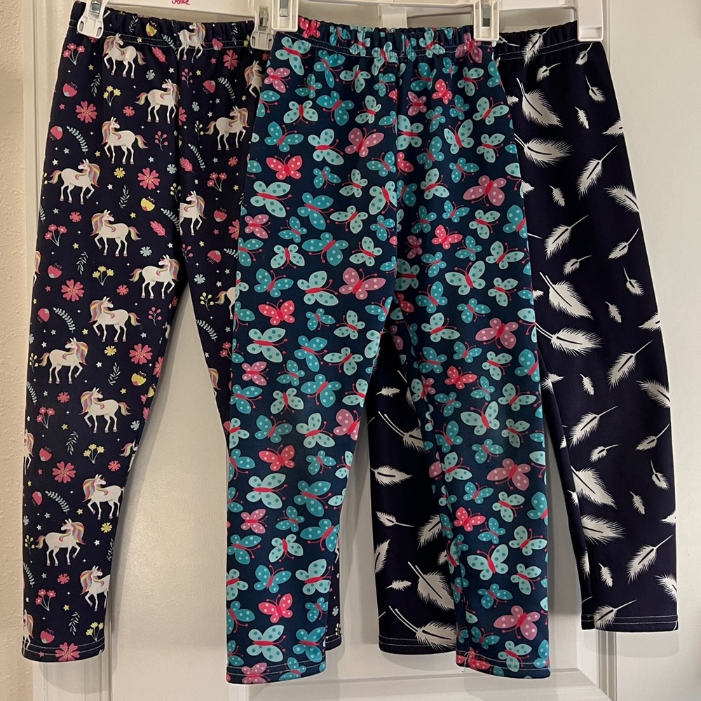 Bundle Amazon Kids Fleece lined Leggings Unicorns, Butterfly Feathers Print Sz 6
